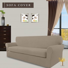 Easy-Going 2 Pieces Microfiber Stretch Sofa Slipcover – Spandex Soft Fitted Sofa Couch Cover, Washable Furniture Protector with Elastic Bottom Kids,Pet (Oversized Sofa, Natural)