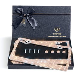 SHERING Bling License Plate Frame, 2 Pack License Plate Frame with Premium Gift Box for Women,Rhinestone License Plate Frames with 1100pcs Rhinestones (Champagne Gold Rhinestones)