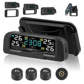 Tyre Pressure Monitoring System with Time & Detached Bracket, TPMS 4/2 Wheel Universal Solar Wireless Tire Pressure Monitor with 4 External Sensors, Pressure Range 0-6 bar, 0-87Psi, 6 Alarm Mode