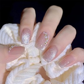 Short Square Press on Nails Nude Glitter Fake Nails Shiny Bling Acrylic False Nails with Design Pearl Rhinestone Glue on Nails Artificial Nails Stick on Nails for Women Girls 24Pcs