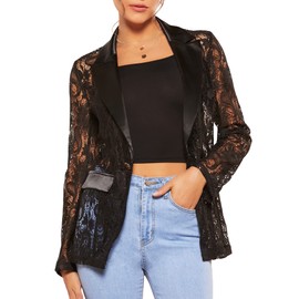WDIRARA Women's Floral Lace Mesh One Button Lapel Neck Long Sleeve Elegant Jacket Blazer Black XXL