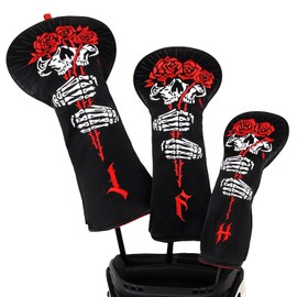 Golf Club Head covers Wood Set 3 PACKS (1.F.H) Set for Driver Fairway Hybrid with No.Tag Elastic Closure Black PU Leather Skull Rose Pattern