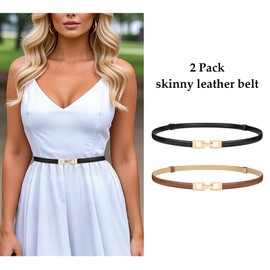 WERFORU Women 2 Pack Skinny Belt for Dress,Thin Waist Belt Adjustable Leather Belt with Gold/Silver Buckle