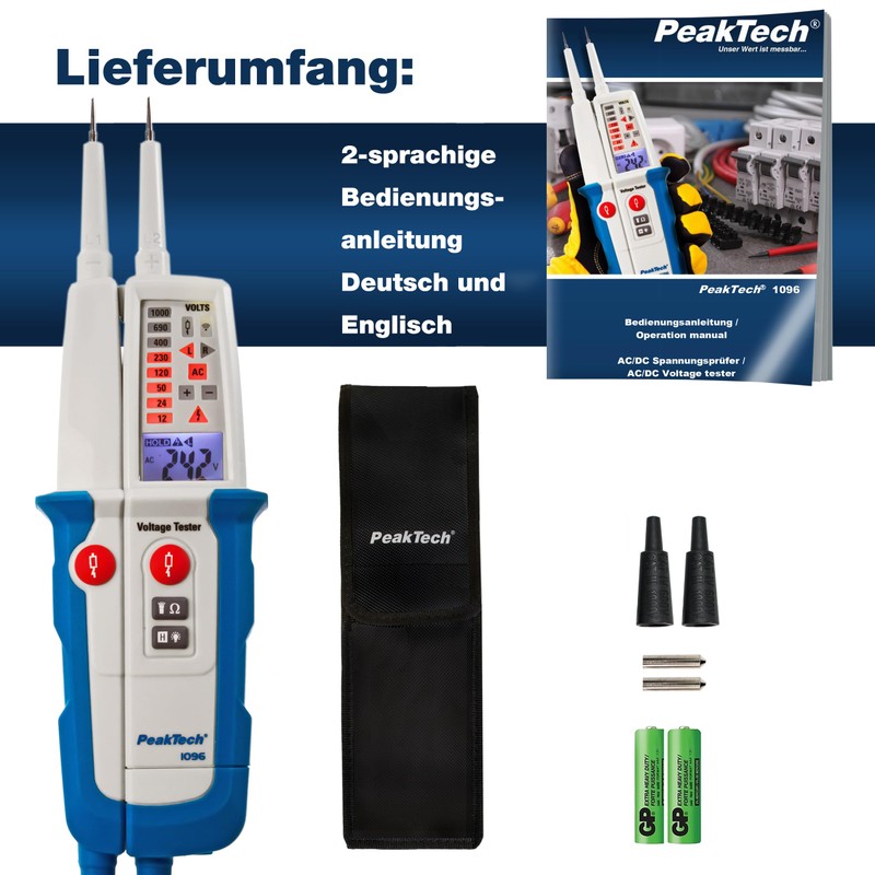 PeakTech 1096 2-Pin AC/DC Voltage Tester with Dual Display &