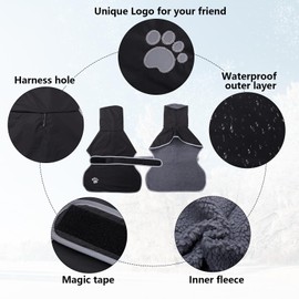 Geyecete Dog Winter Coats for Greyhound, Dog Jackets with Plush Lining, Waterproof Raincoat, Windproof, Outdoor Dog Clothing with Safe Reflective Strips, for Medium and Large Dogs, Black, XXL