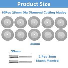 MiJunHD 10PCS 25mm Diamond Cutting Discs & 2PCS 3mm Shank Mandrel, Rotary Tool Diamond Cutting Wheel Kit for Metal, Tile, Wood, Glass, Marble, Plastic, Jade