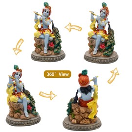 Hindu God Lord Krishna Statue – 5.5”H Sitting India Krishna Idol Play The Flute with Peacock Murti Item Home Office Temple Mandir Shrine Altar Pooja Decor Diwali Puja Gifts for Indian Friends