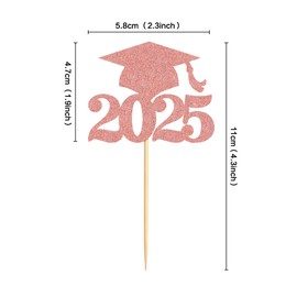 Ercadio 36 Pack 2025 Graduation Cap Cupcake Toppers Glitter Rose Gold Class of 2025 Cupcake Grad Cap Picks Decorations for 2025 Graduation Theme Party Supplies