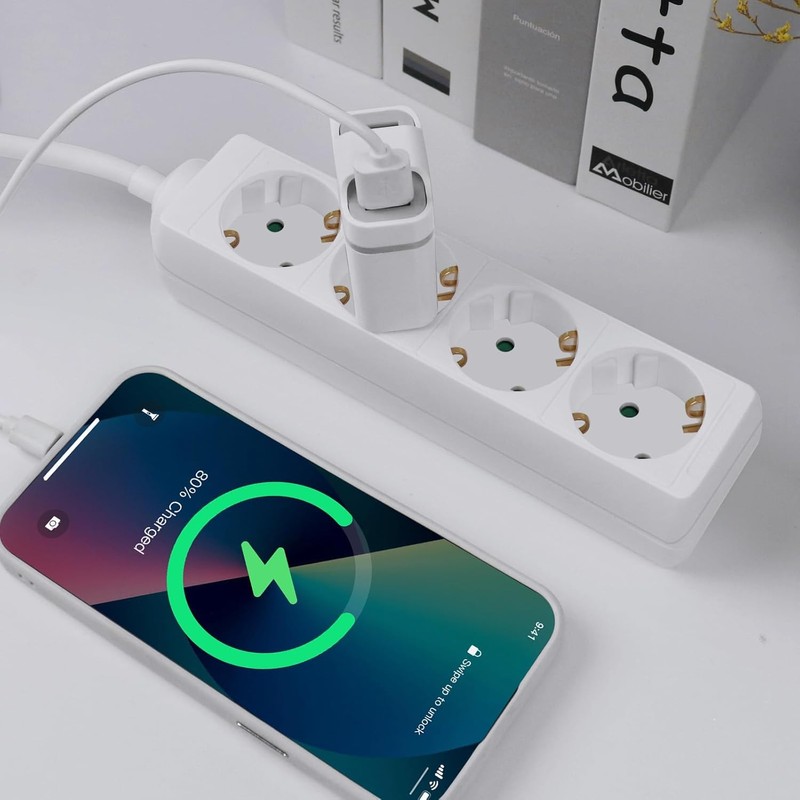 EXTRASTAR 4-Way Power Strip, Flat Plug Multiple Socket with 3