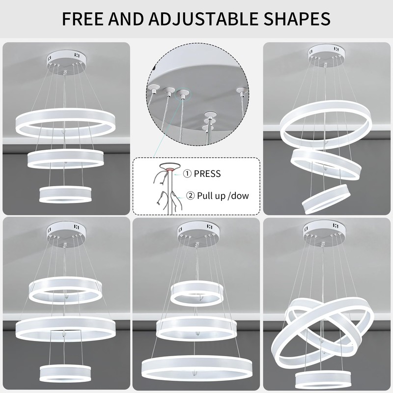 O'NEELDY Modern LED Chandeliers Adjustable Hanging White Pendant Light Fixture