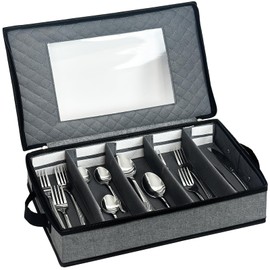 VERONLY Flatware Storage Case, Silverware Storage Box Chest with Dividers, 5 Compartment Cutlery Holder, Light Gray