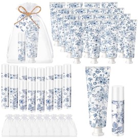 Loopeer 24 juegos de crema de manos y bálsamo labial con flores azules, regalo de flores azules a granel, regalos de boda, tamaño de viaje, loción de 