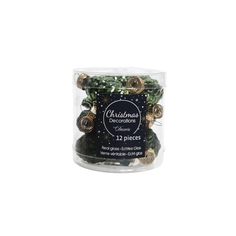 Christmas Decorations 12 Christmas Baubles, Glass, 6 cm, pine cone-shaped.