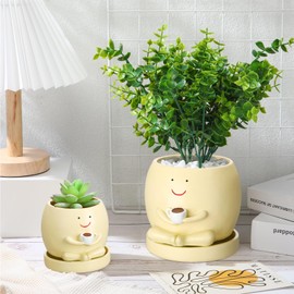 SiliFine 2 Pcs Smile Face Planters Pots with Drainage Hole, 6'' Head Planters 3.6'' Cute Resin Flower Pot for Indoor Plants, Succulent Pots for Plant Lover Gift(Coffee Cup)