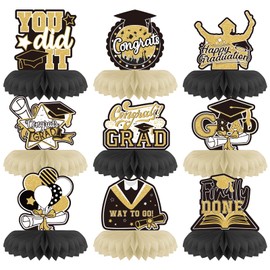 9Pcs Gold and Black Graduation Decorations Honeycomb Centerpieces, Class of 2025 Graduation Centerpieces for Tables, Congrats Grad Graduation Table Decorations Toppers