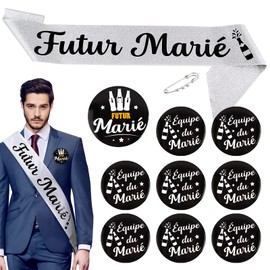 JGA Men's Accessories Silver Sash Groom with Black Words 9 Pieces Buttons for Groom Team Groom Party Decoration for Wedding in French