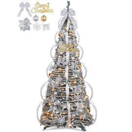 6FT Flocked Pull Up Prelit Christmas Tree with 200 Warm White LEDs Lights 8 Modes Timer, 80 Gold & Silver Ornaments Balls Bows Snowflakes Ribbon, Collapsible Pop Up Xmas Tree for Indoor Home Decor