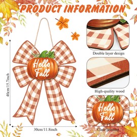 Bucherry Fall Decorations for Home Buffalo Check Bow Door Sign Pumpkin Wall Decor 16x12 Inch Wooden Front Door Hanger for Harvest Thanksgiving Farmhouse Porch Indoor Outdoor Decor(Yellow)