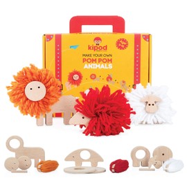Kipod Pompom Animals Wooden Toys Kit – DIY Lion, Porcupine, and Sheep Arts and Crafts Pom Pom Kit for Kids Ages 5-10 Years Old– Montessori Educational Toys Set Makes Great Gift for Boys, Girls Toys