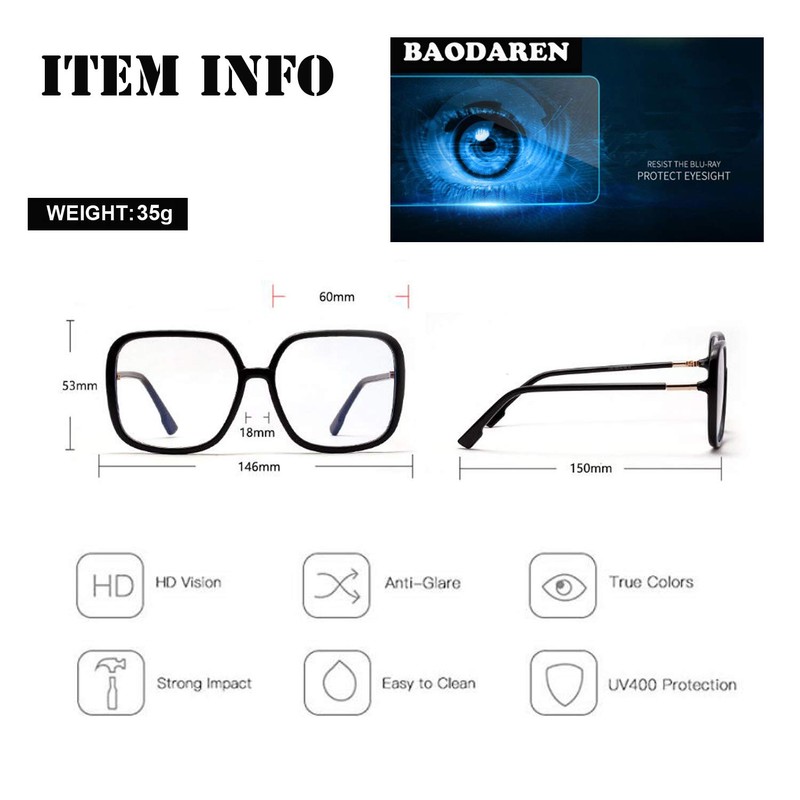 BAODAREN Blue Light Blocking Glasses Oversized Square Frame Women/Men Anti