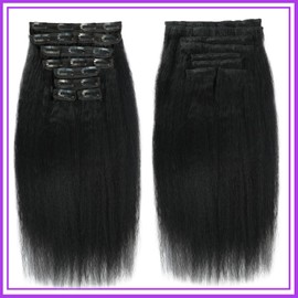 16 Inch Kinky Straight Clip ins 8Pcs 110g Clip in Hair Extensions Real Human Hair Yaki Straight Clipins for Black Women Full Head Brazilian Remy Hair Extensions Double Weft 20 Clips