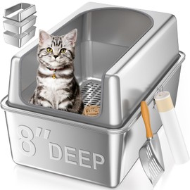 XXL All Stainless Steel Sifting Litter Box with Lid,Sifting Cat Litter Box for Wood Pine Pellets,High Sides Sifter Litter Pan System,Odor Control,Easy to Clean,with Liners and Scoop