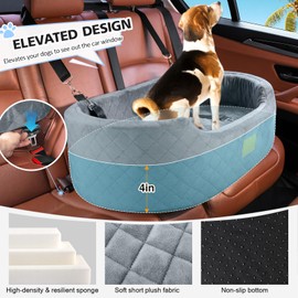 Feporen Dog Car Seat for Medium & Large Dogs up to 55 lbs, Elevated Booster Seat with Anti-Slip Base, Detachable & Machine-Washable Pet Car Bed for SUV/Sedan (Gray)