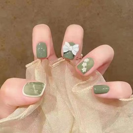 24pcs Short Press on Nails, Nude Blue Pink Cute Designed 3D Ornaments Reusable Glue on Nails Round Square Almond Shape False Nail CINSEVAN'L (Green Marble)