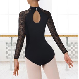 Mulnall Women's Ballet Stand Collar with High Neck Lace Backless Ballet Adult Gymnastics Leotard Women's Ballet Clothing, Long Sleeve Black