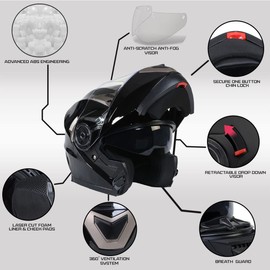Milwaukee Helmets MPH9806DOT Ionized Gloss Black Advanced Motorcycle Modular Helmet Biker w/Drop Down Visor - XX-Large