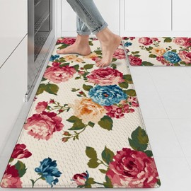 Lunerfex Kitchen Mats for Floor 2PCS, Non-Skid Waterproof Kitchen Mat, Cushioned Comfort Standing Mats for Kitchen Floor, Office, Laundry, Sink, Home Flower