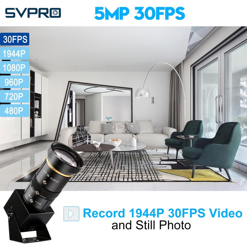 SVPRO 5MP 30FPS USB Camera with 5-50mm Telephoto Lens, 10X