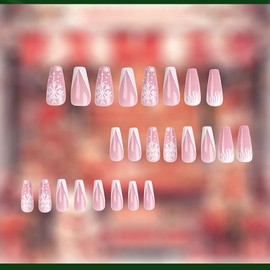 Christmas Press on Nails Coffin Long Length, 24Pcs Nude Artificial French Fake Nails with Snow Designs, Glossy Full Cover Winter Acrylic Square False Nails Glue Stick on Fingernails for Women