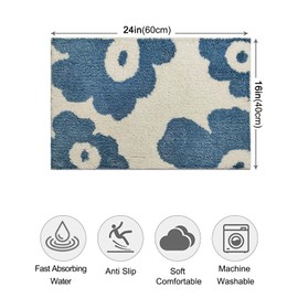 Wishtune Blue Cute Bathroom Rugs Flower Bath Mats for Bathroom Funny Bath Mats Soft Fluffy Absorbent Quick Dry Non Slip Washable for Shower Doorway and Bathtub, 24" x 16"