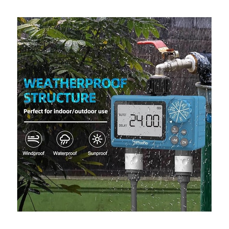 TiFFCOFiO Sprinkler Water Timer Outdoor, 2 Outlets Digital Pogrammable for