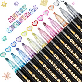 DAPAWIN Stocking Stuffers, Outline Glitter Markers for Teen Girls, 12 Self-Outline Metallic Shimmer Pens for Drawing, Christmas Gifts for Tweens, Art Supplies for Scrapbooking & Card Making