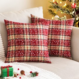 Pack of 2 Christmas Plaid Decorative Throw Pillow Covers Snowflake Tartan Scottish Cushion Cover for Sofa Couch Farmhouse Holiday Decor Red and Yellow, 20x20 Inch