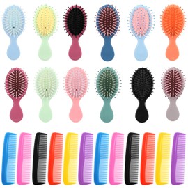 24 Pieces Mini Hair Brush Set with 12 Detangling Brushes and 12 Bulk Combs, Wet Hair Brush Hair Combs Set for Girls Women Boys Men Wet Dry Curly Hair, Multicolor