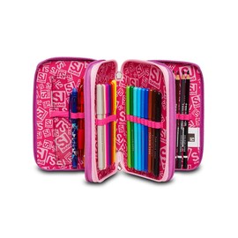 SJ Gang Pencil Case Multicolor Pencil Case for Stationery Pencil Case with Pens, Ballpoint Pens, & More 3 Compartments Girls & Boys School - Primary School XXL Pink/Purple, pink, School