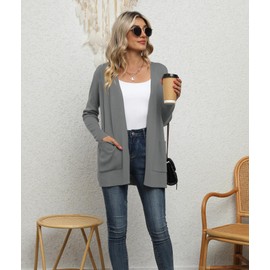 Yommay Cardigan for Women Loose Casual Lightweight Ladies Long Sleeve V-Neck Knitted Sweaters with Pockets,Dark Grey,XL