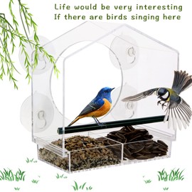 Suekiria Acrylic Window Bird Feeder with 4 Strong Suction Cups, Clear and Transparent Bird House, Removable Food Tray with Drain Holes, Easy Install and Clean for Backyard and Viewing