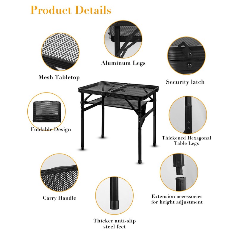 Honagu Folding Grill Table, Height Adjustable Metal Picnic Outdoor Table,