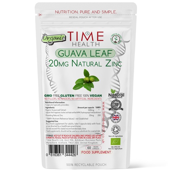 Organic Guava Leaf Extract – 20mg Natural Zinc per Capsule – Vegan – Zero Additives – GMP Standards – (60 Capsule Pouch)