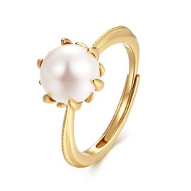 SWJEWEL Pearl Ring Sterling Silver 925 Rings Adjustable Open Rings for Women 18k Gold Plated Simple Imitation Pearl Ring S925 8MM Single Freshwater Vintage Pearl Fashion Ladies Wedding Engagement