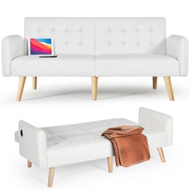 TYBOATLE Modern Faux Leather Upholstered Convertible USB Folding Futon Sofa Bed, 65" Couch, Love Seats Furniture for Small Space Configuration, Apartment, Dorm, Living Room, Office, White