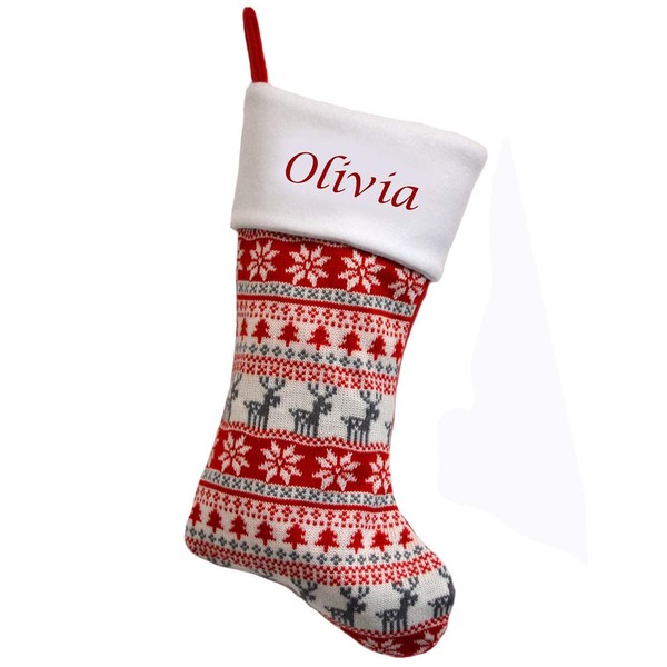 Hoolaroo Personalised FairIsle 40cm Knit Christmas Stocking Red Cream Boot Xmas Stocking Knitted