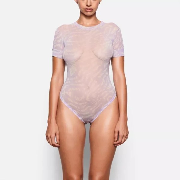 Kim Kardashian SKIMS Summer Mesh T-Shirt Bodysuit-Lilac Swirl Sz Small