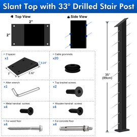 Gyykzz Stair Cable Railing Post 36"x2"x2", Slant Fixed Top Stainless Steel Black Stair Rail Post with Cable Grommets, 33° Drilled Stair Deck Post with 5-Degree Spacers Fit for 28-38 Degrees Stairway