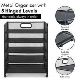 ALTOS OFFICE AND HOME, Metal Mesh Desk Organizer, 5 Compartments, Large Capacity, Holes to Handle It, Rounded Corners, Non-Slip, Anti Rust, Hinge Design