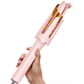 Auto Rotating Hair Curler - 4 Temperature and Timer Settings, Automatic Curling Iron with Automatic Shut-Off, Anti-Tangle and Scalding, Curling Wand for Long Lasting Curls (Pink)
